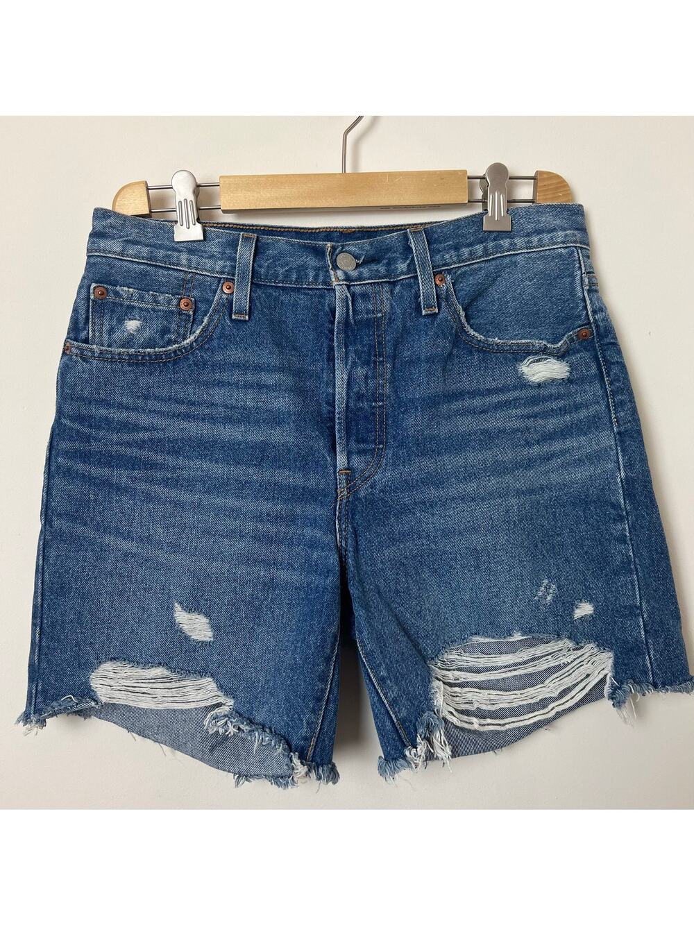 LEVI'S 501 High Rise Mid Wash Distressed Cut Off Denim Shorts Button Fly W29